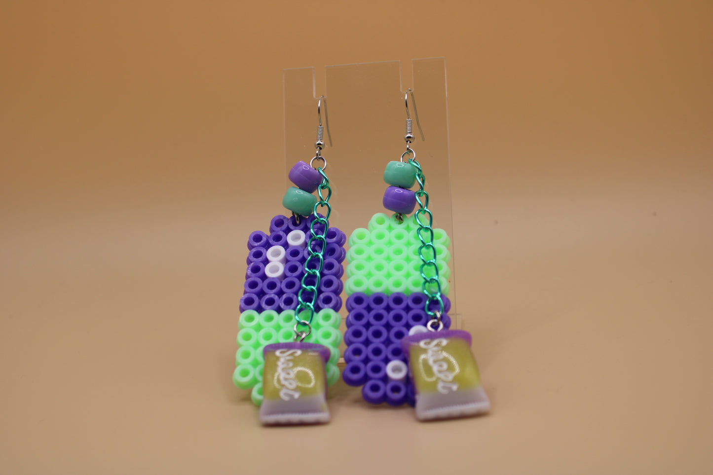 ✦ mint green & purple fuse bead pill earrings w/ charms ✦