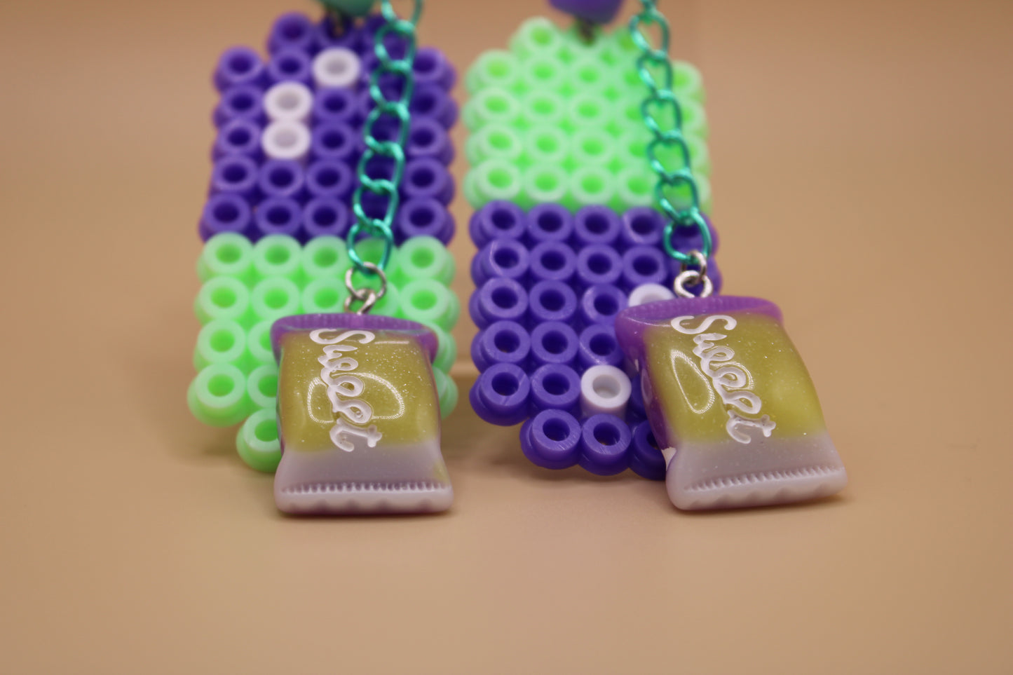 ✦ mint green & purple fuse bead pill earrings w/ charms ✦