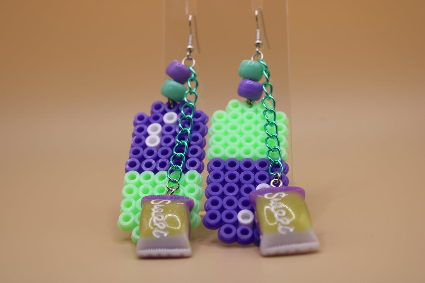 ✦ mint green & purple fuse bead pill earrings w/ charms ✦
