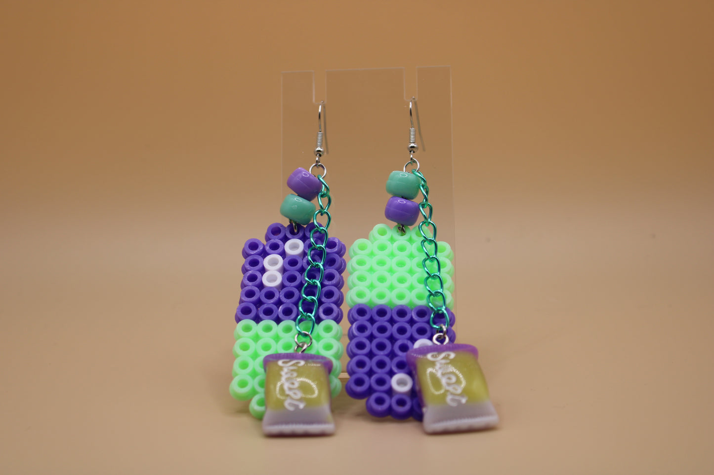 ✦ mint green & purple fuse bead pill earrings w/ charms ✦