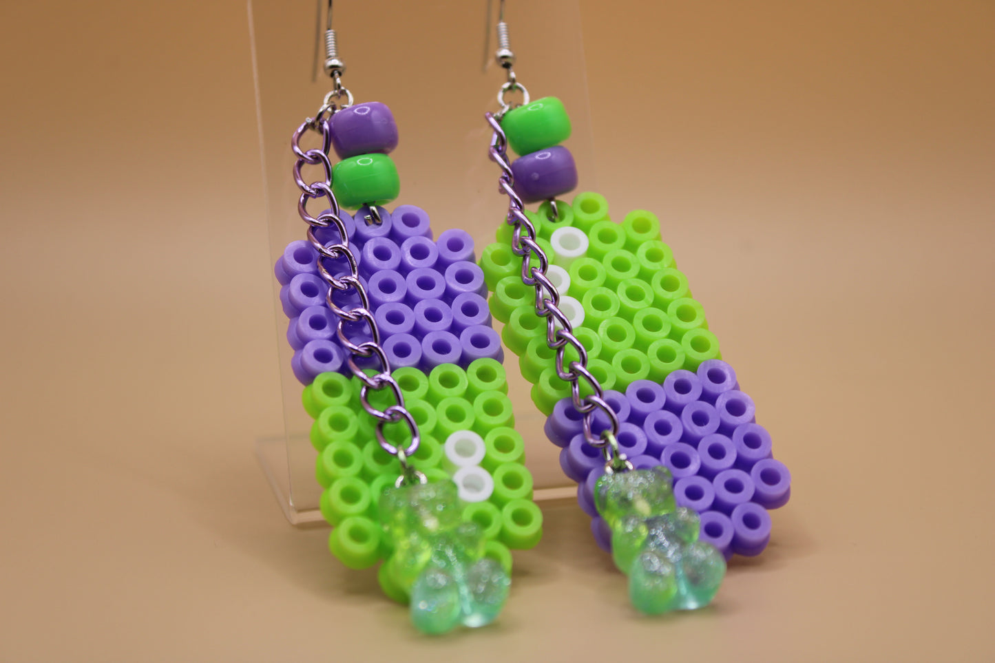 ✦ purple & green fuse Bead pill earrings w/ charms ✦