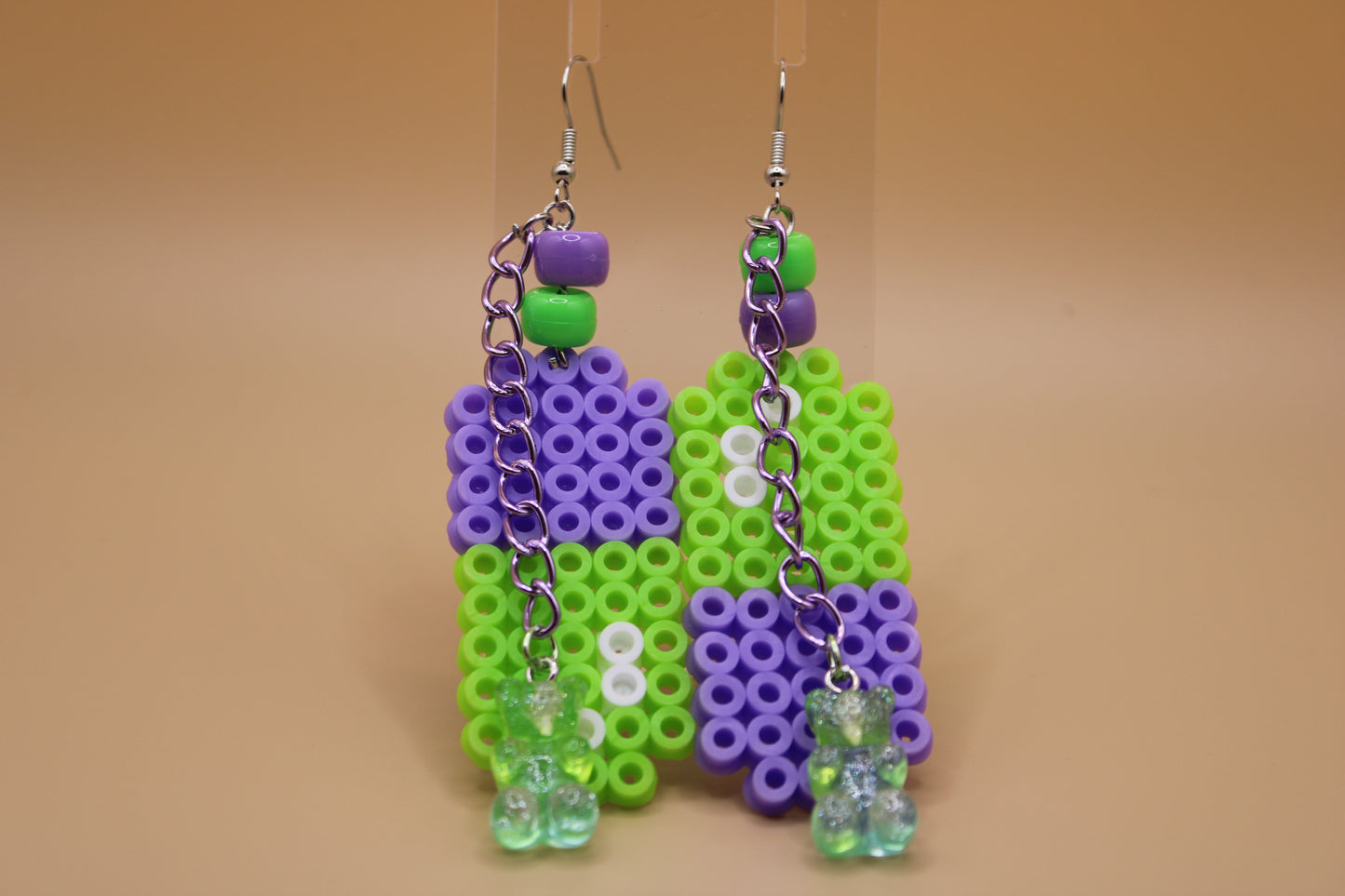 ✦ purple & green fuse Bead pill earrings w/ charms ✦